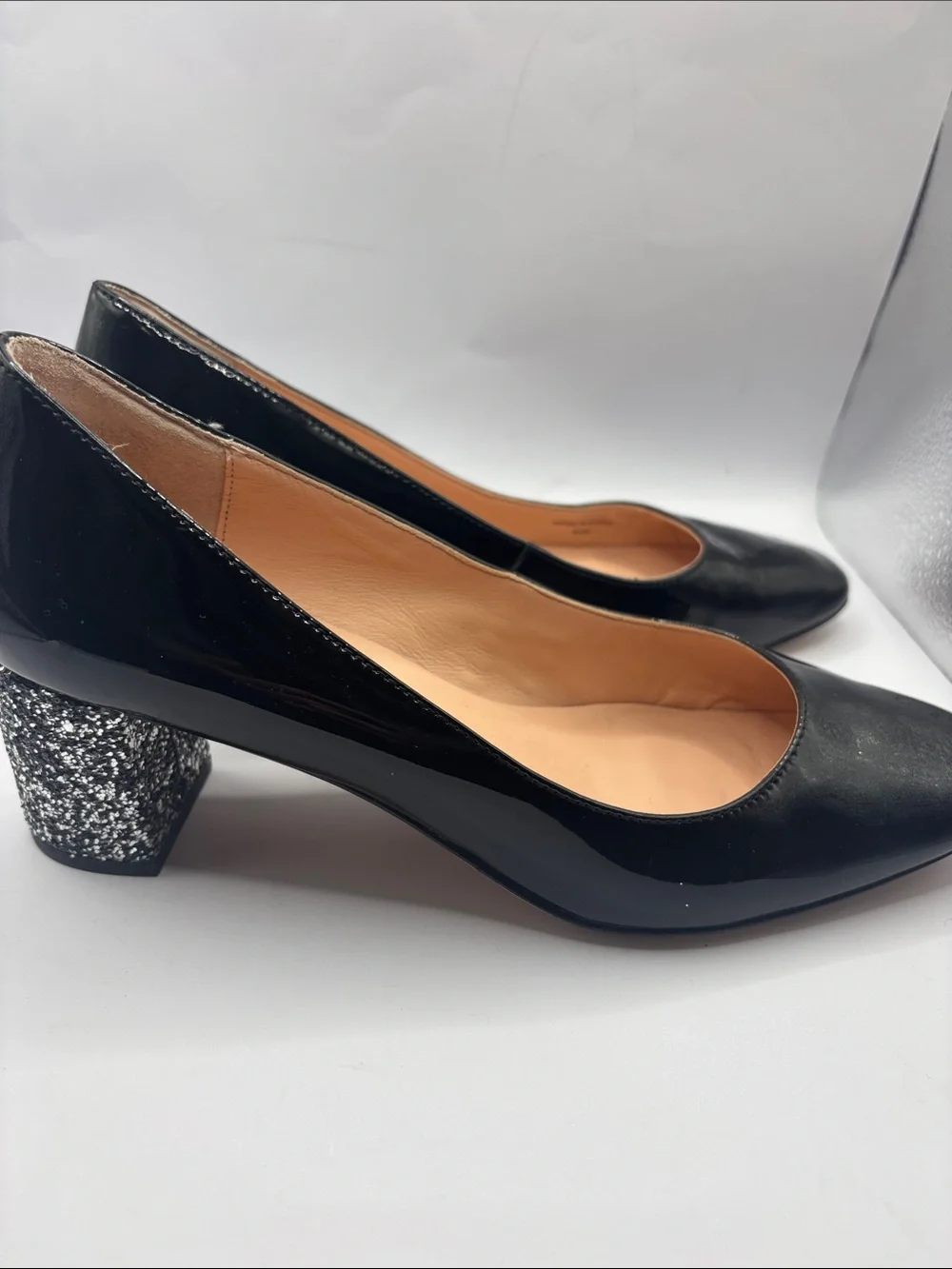 kate spade Black Patent Leather Rounded Square Toe glitter heels